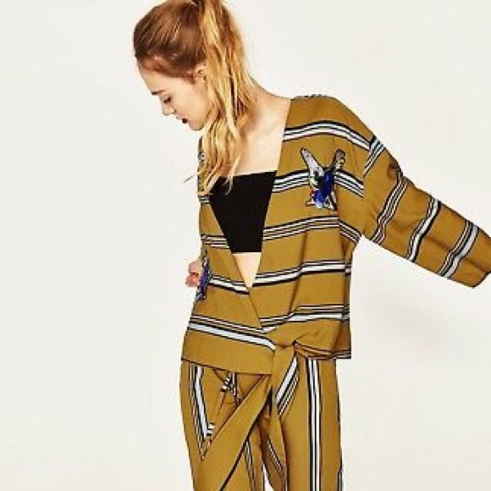 Zara wrap sequin top mustard striped XS S